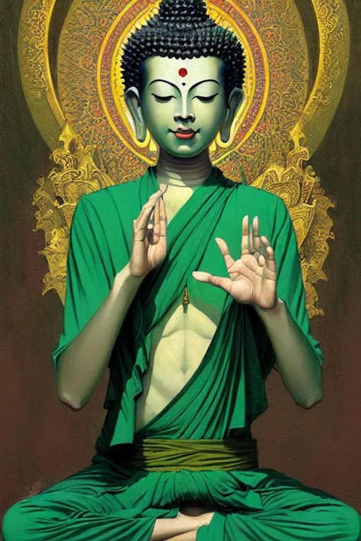 Image similar to buddhism, temple, green clothes, painting by greg rutkowski, j. c. leyendecker, artgerm