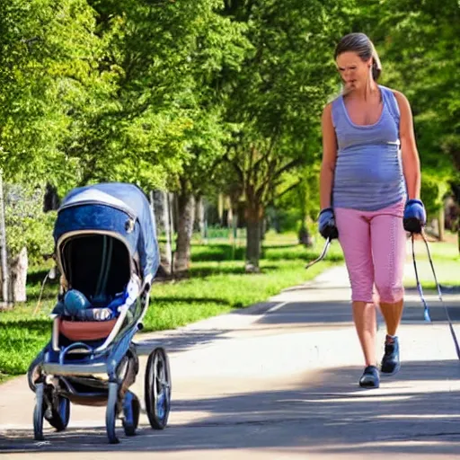 Prompt: a wife going for a walk with her baby on a nice day.