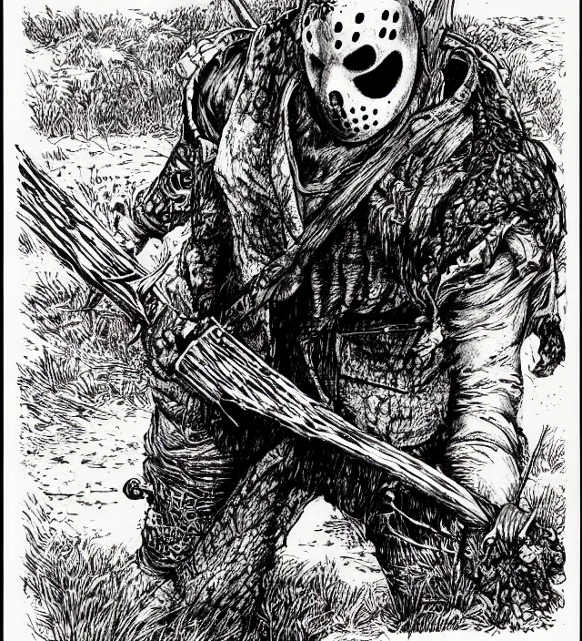 Image similar to Jason Voorhees as a D&D monster, pen-and-ink illustration, etching, by Russ Nicholson, DAvid A Trampier, larry elmore, 1981, HQ scan, intricate details, high contrast