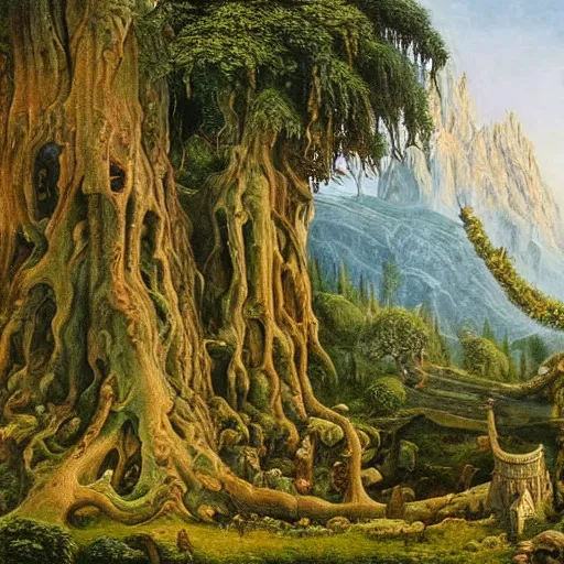 Prompt: A beautiful and highly detailed oil painting of beautiful elven temple in the mountains, detailed trees and cliffs, intricate details, rivendell, by Caspar Friedrich