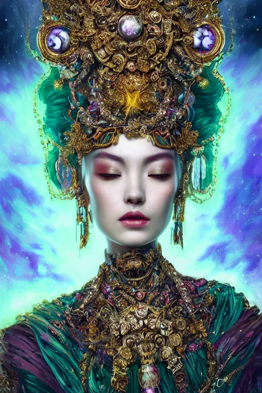 Image similar to a beautiful empress portrait, with a brilliant, impossible striking big cosmic galaxy headpiece, clothes entirely made out of cosmos chaos energy, symmetrical, dramatic studio lighting, rococo, baroque, jewels, asian, hyperrealism, closeup, D&D, fantasy, intricate, elegant, highly detailed, digital painting, artstation, octane render, 8k, concept art, matte, sharp focus, illustration, art by Artgerm and Greg Rutkowski and Alphonse Mucha