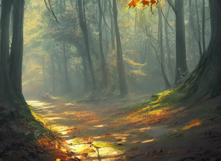 Image similar to A beautiful pathway in a forest, lush trees, in fall, a fantasy digital painting by Greg Rutkowski and James Gurney, trending on Artstation, highly detailed