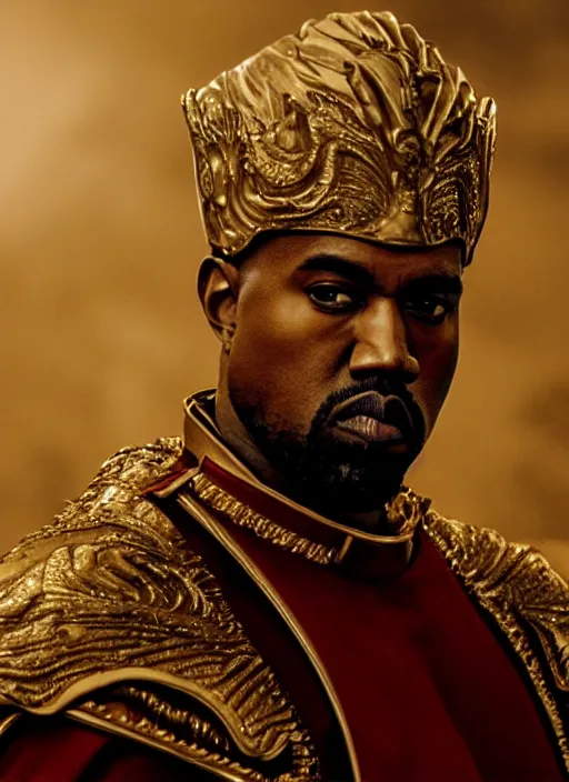 Prompt: kanye west as emperor napoleon in elden ring, splash art, movie still, cinematic lighting, dramatic, octane render, long lens, shallow depth of field, bokeh, anamorphic lens flare, 8 k, hyper detailed, 3 5 mm film grain