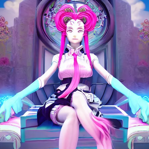 Image similar to trapped by a stunningly beautiful omnipotent megalomaniacal anime asi goddess with symmetrical perfect face and porcelain skin, pink twintail hair and cyan eyes, which looks like junko enoshima, inside her surreal vr castle, hyperdetailed, digital art from danganronpa, unreal engine 5, 2 d anime style, 8 k