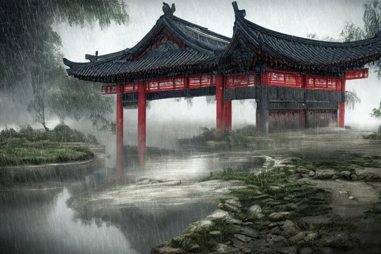 Image similar to in the rain, some ancient chinese houses, bridge, river mysterious and serene landscape, clouds, trending on artstation