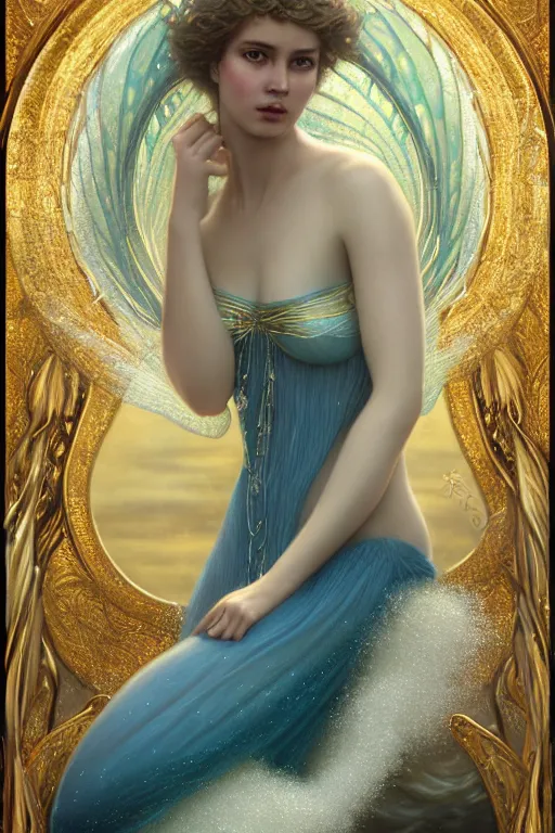 Prompt: a portrait of elegant beautiful queen of the water fairies, gossamer wings, hair made of ocean waves, illustration, dramatic lighting, soft details, painting oil on canvas, art nouveau, octane render, HDR, 4k, 8k, HD, by Edmund Blair Leighton, Brom, Charlie Bowater, trending on artstation, faces by Otto Schmit