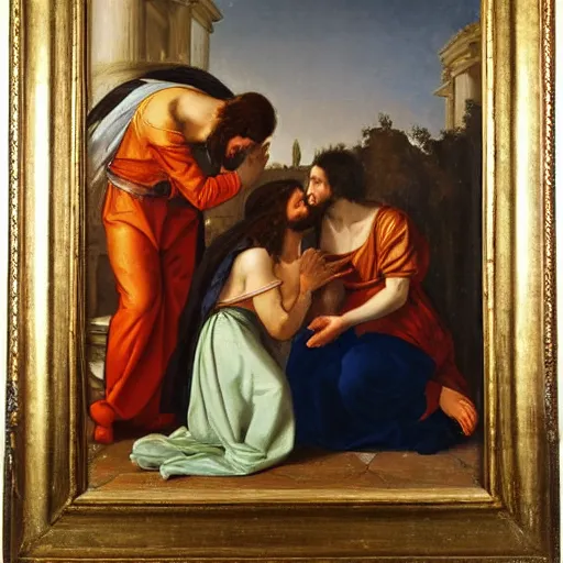 Image similar to 1 8 th oil panting of a jesus kissing with maria maddalena