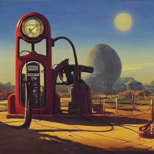 Prompt: painting of syd mead artlilery scifi organic shaped gas pump with ornate metal work lands on a farm, fossil ornaments, volumetric lights, purple sun, andreas achenbach