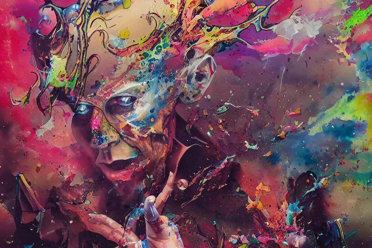 Prompt: a splattered action painting showing aladdin sane, ultradetailed, fine art painting, peter mohrbacher, moebius, aladdin sane, frottage, watercolor, acrylic, multilayered paint, spectacular splatter explosion, psychedelic art