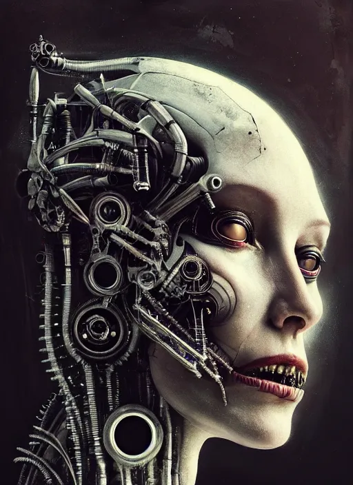 Image similar to a female cyborg profile face, by h. r. giger, by ismail inceoglu, by kiki smith, glamor shot, vintage, closeup, f / 2. 8, low contrast, 1 6 k, rim lighting, cinematic lighting, insanely detailed and intricate, hypermaximalist, elegant, ornate, hyper realistic, super detailed