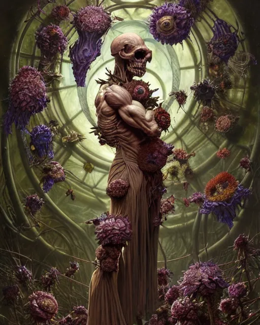 Image similar to the platonic ideal of flowers, rotting, insects and praying of cletus kasady ultimate carnage thanos dementor wild hunt doctor manhattan chtulu nazgul mandelbulb davinci, d & d, fantasy, ego death, detailed, intricate, hyperrealism, intense, scary, decay, dmt, art by artgerm and greg rutkowski and alphonse mucha