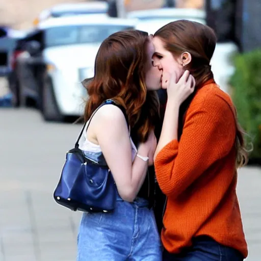 Prompt: Paparrazi photo of Anna Kendrick and Emma Watson kissing