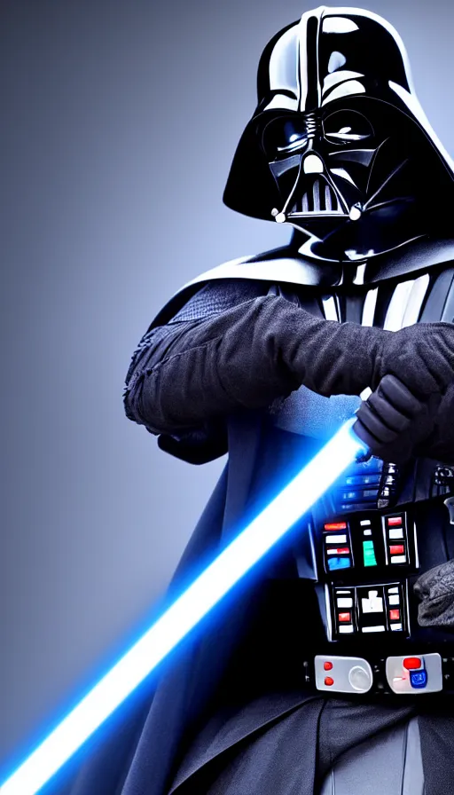 Image similar to A dark blue colored Darth Vader suit, movie accurate, holding a blue lightsaber, realism, 4k, dark background with studio lighting, 3d,