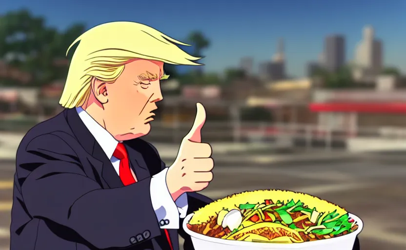 Prompt: beautiful makoto shinkai anime style digital film still portrait of donald trump giving a thumbs up behind a taco bowl, 4 k, 8 k, hd, high resolution, highly detailed, intricate detail, ultra realistic faces, digital art, trending on artstation, your name, weathering with you