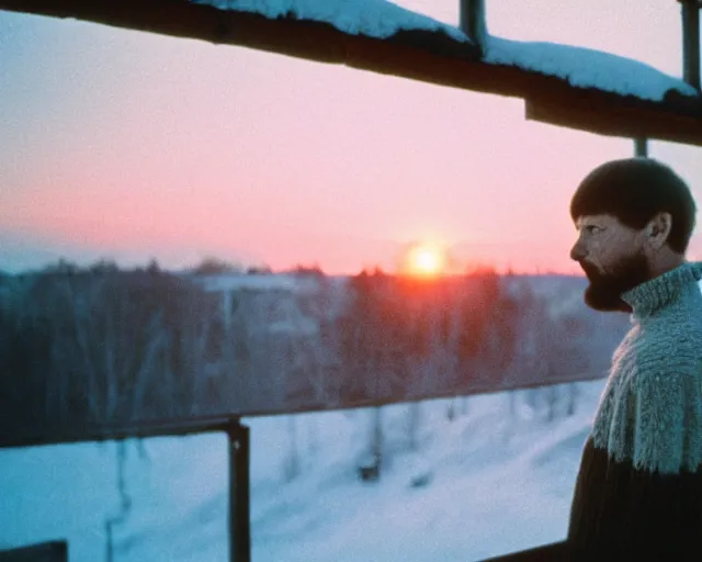 Image similar to award - winning lomographic tarkovsky film still of 4 0 years russian man with beard and sweater standing on small hrushevka 9 th floor balcony in taiga looking at sunset, cinestill, bokeh