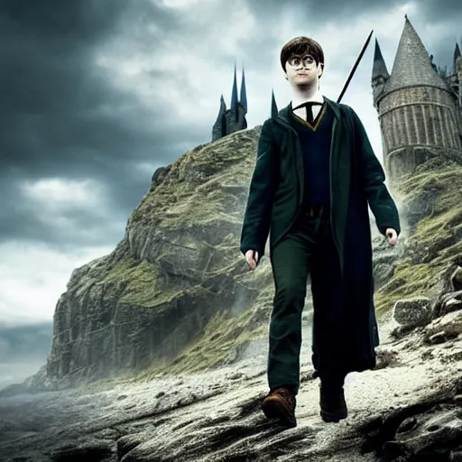 Image similar to Daniel radcliffe as harry potter, epic wide shot, cinematic shading, widescreen, sharp image, warm colors, Blu-Ray, directed by Asher Duran