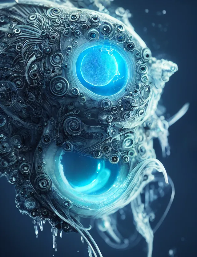 Image similar to eye of god macro close - up portrait with mask made of ram skull. betta fish, jellyfish phoenix, plasma, ice, water, wind, creature, super intricate ornaments artwork by tooth wu and wlop and beeple and greg rutkowski