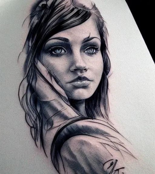 Image similar to tattoo design sketch of a beautiful blue - eyed woman face with a faded background of beautiful mountains and nature on her side, hyper - realistic, in the style of den yakovlev, amazing detail, black and white