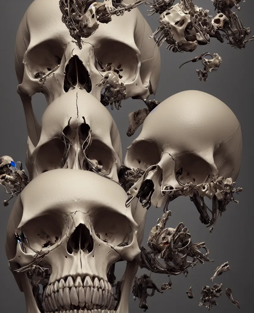 Image similar to composition of human skulls, animals skulls, bones, rib-cage and orchids, bioluminiscent, by Tooth Wu and wlop and beeple. octane render, trending on artstation, greg rutkowski very coherent symmetrical artwork. cinematic, hyper realism, high detail, octane render, 8k