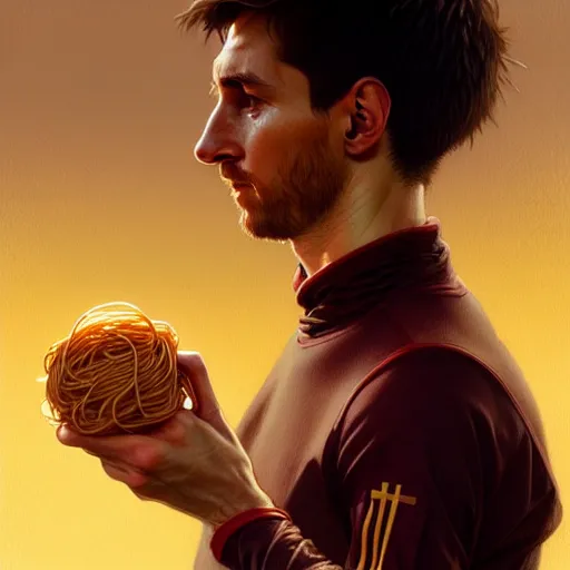 Prompt: Messi eating spaghetti, upclose, D&D, fantasy, intricate, elegant, highly detailed, digital painting, artstation, concept art, matte, sharp focus, illustration, art by Artgerm and Greg Rutkowski and Alphonse Mucha