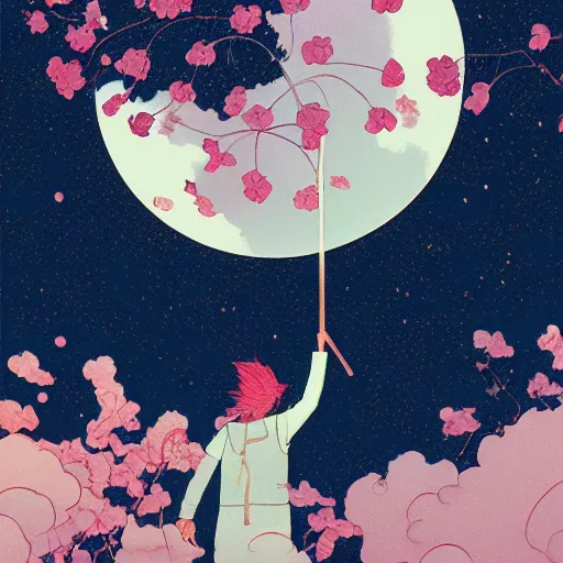 Image similar to a big cherry tree with petals flying in the sky, moonlight, by Victo Ngai, artstation, Detail, HD