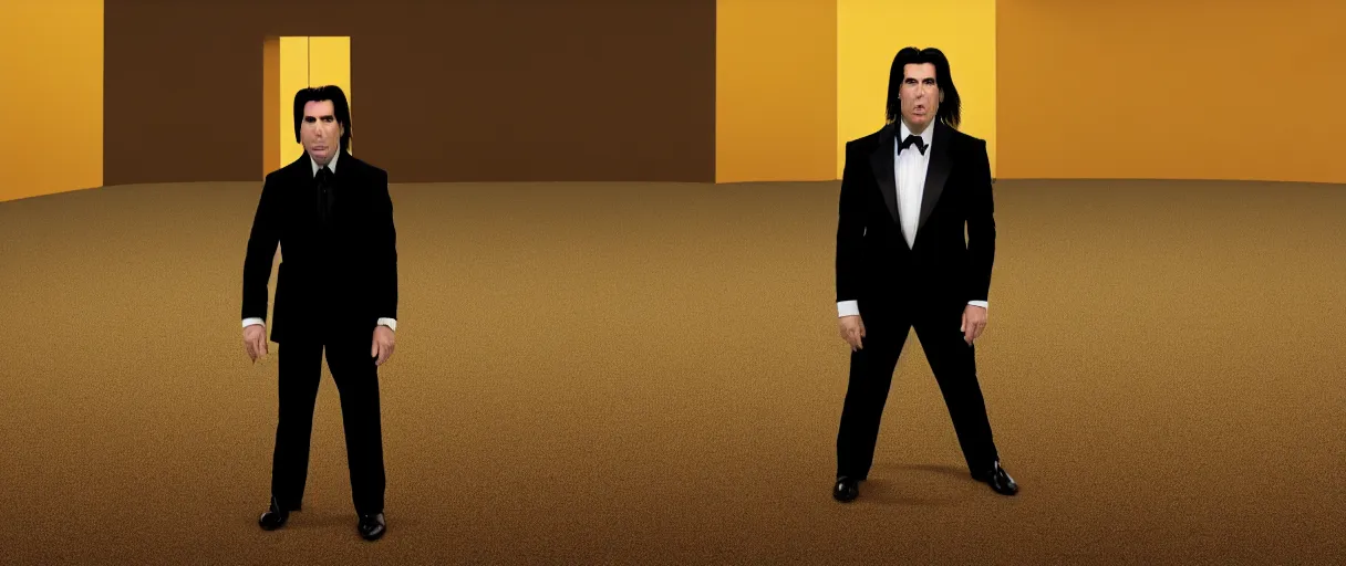 Image similar to accidentally wes anderson award - john travolta as vincent vega suprised gesture nobody there ghost town tumbleweed bushes on ground shrugging hand at waist level. standing in black suit golden ratio, fibonacci composition, 4 k, detailed, art by greg rutkowsky, trending on artstation, cinematic lighting, filmic grain, golden hour, detailed, 4 k