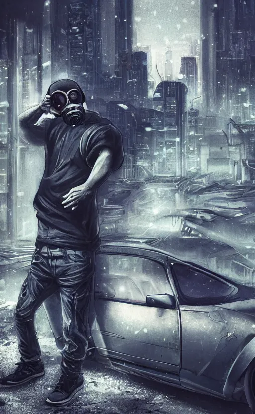 Image similar to wolf gang, cyberpunk, gray hoodie, photo group, old car, abandoned warehouse, weapon, drugs, flex, relative position, gasmask, non fiction stability, intricate, elegant, 8 k, uhd, justify, artstation, concept art, matte, sharp focus, illustration, consistent, one object content, proportional object content