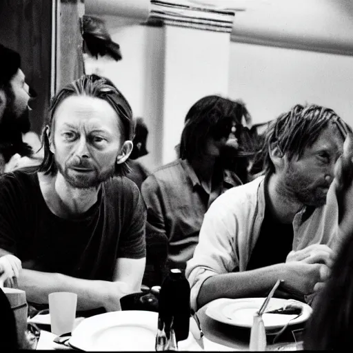 Image similar to 3 5 mm photograph of thom yorke having lunch with a literal radiohead