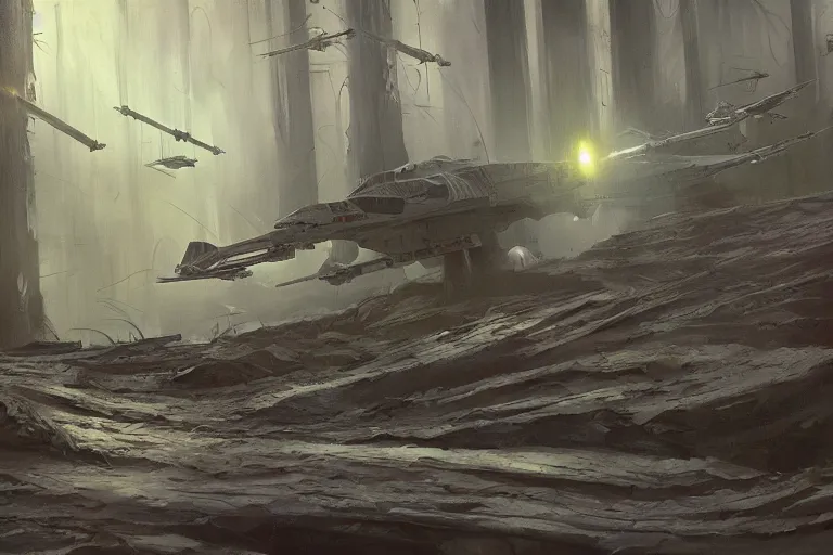 Prompt: concept art, mood painting, environment painting, crashed x - wing swampy bog dim low exposure style of ryan church, jon mccoy, george hull, painting star wars