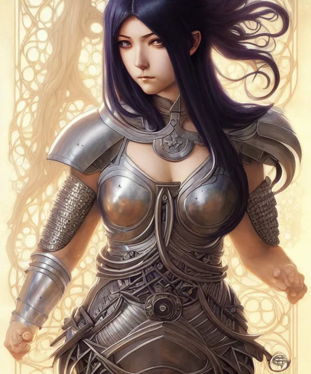 Prompt: hinata hyuga Muscular and powerful medieval knight portrait, art nouveau, fantasy, intricate flower designs, elegant, highly detailed, sharp focus, art by Artgerm and Greg Rutkowski