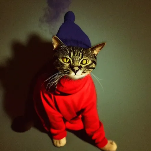 Image similar to A low quality dark photo of a cat with red eyes smoking weed and wearing a beanie, it is very stoned and tired
