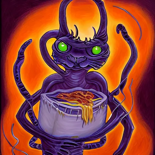 Image similar to painting of an eldritch alien cat creature that looks like garfield, eating lasagna, in the style of wayne barlowe