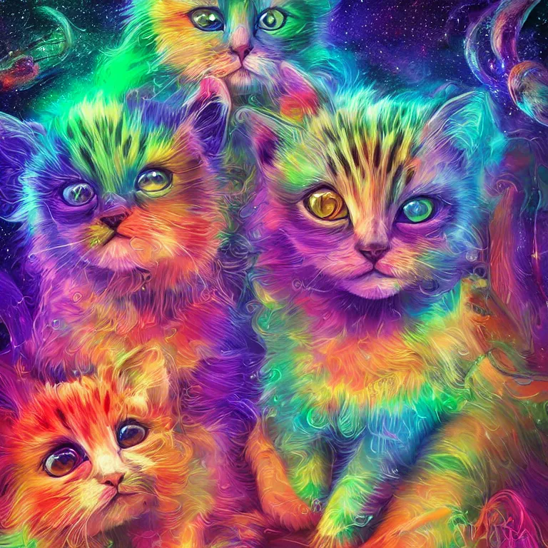 Prompt: smooth detailed art of Rainbow kittens in space, psychedelic DMT art, well lit, digital art, expressive beautiful, award winning, high quality, key visual, 4k hd, sharp, backlit, gorgeous lighting, painted by Pablo Amaringo