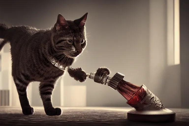 Prompt: Evil cat attacks the vase, concept art, dramatic lighting, trending on artstation, 4k, hyperrealistic, focused, extreme details,unreal engine 5, cinematic, masterpiece