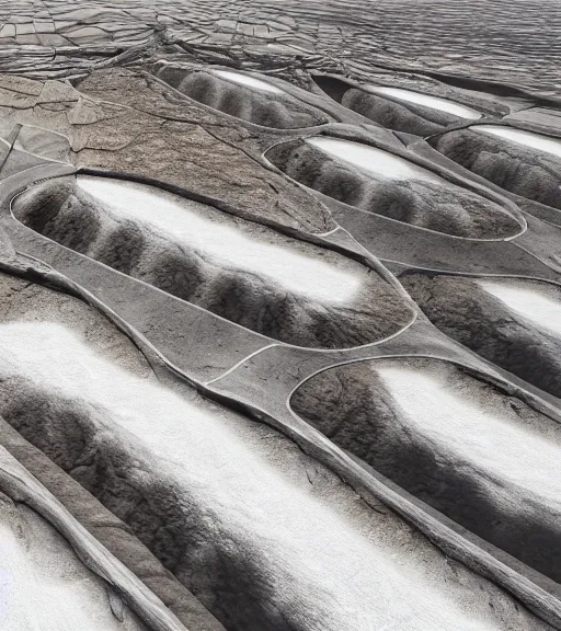 Image similar to hyperealistic render of white bioremediation architecture, mining tailings atacama desert, uhd, high detail, corona render, unreal engine, ue 5, vray, by peter zumthor, trending on artstation