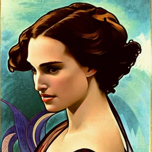 Image similar to a stylized closeup portrait of a young natalie portman, hair in arabesque forms, art nouveau, jugendstil, decorative background, painted by alphonse mucha