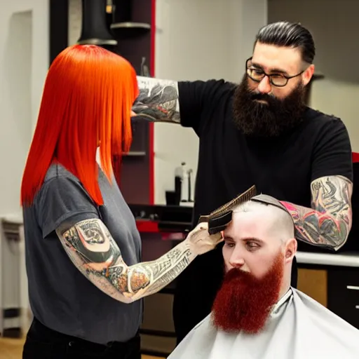 Image similar to a man with a dark beard and tattoos giving a haircut to a woman with long straight red orange hair