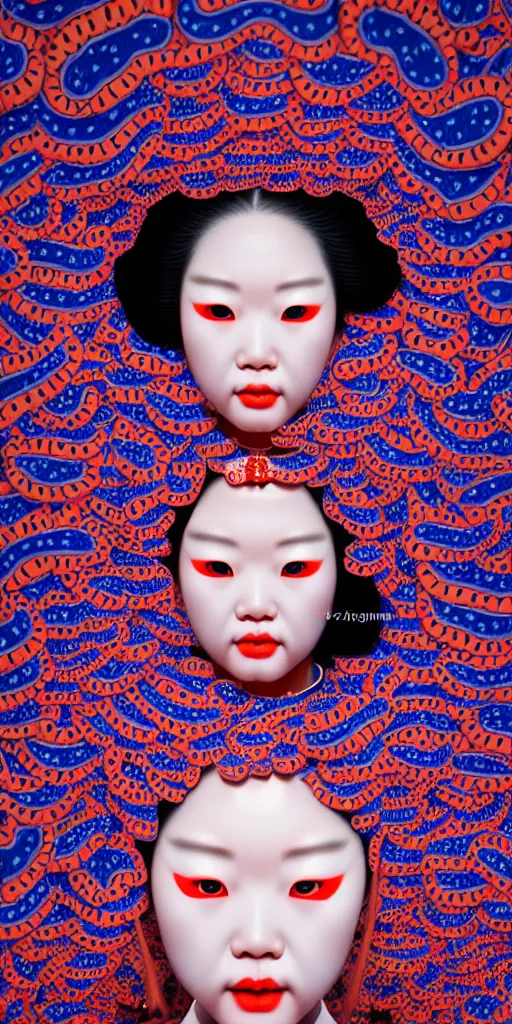 Image similar to hyperrealistic detailed image of a geisha in a art installation room, hd smooth interior by yayoi kusama, part by kei mieno, part by ross tran, dark art by james jean, ultra realistic, highly detailed, life like face, detailed body, 8 k, 3 d render by roger magrini, masterpiece