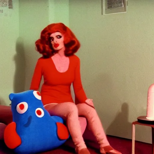 Prompt: bored housewife meets a sad inflatable toy in a seedy motel room, 1978 color Fellini film, ugly motel room with dirty walls and old furniture, archival footage, technicolor film, 16mm, live action, John Waters, campy and colorful