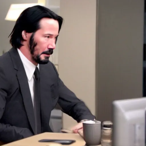 Image similar to Keanu Reeves in the office 4K quality super realistic