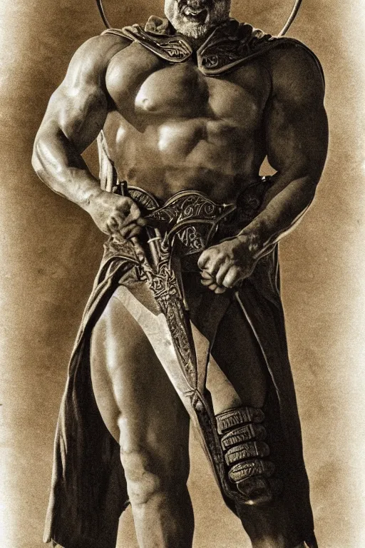 Image similar to he - man, portrait, full body, symmetrical features, silver iodide, 1 8 8 0 photograph, sepia tone, aged paper, sergio leone, master prime lenses, cinematic