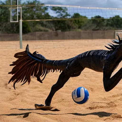 Image similar to a velociraptor playing volleyball with a horse