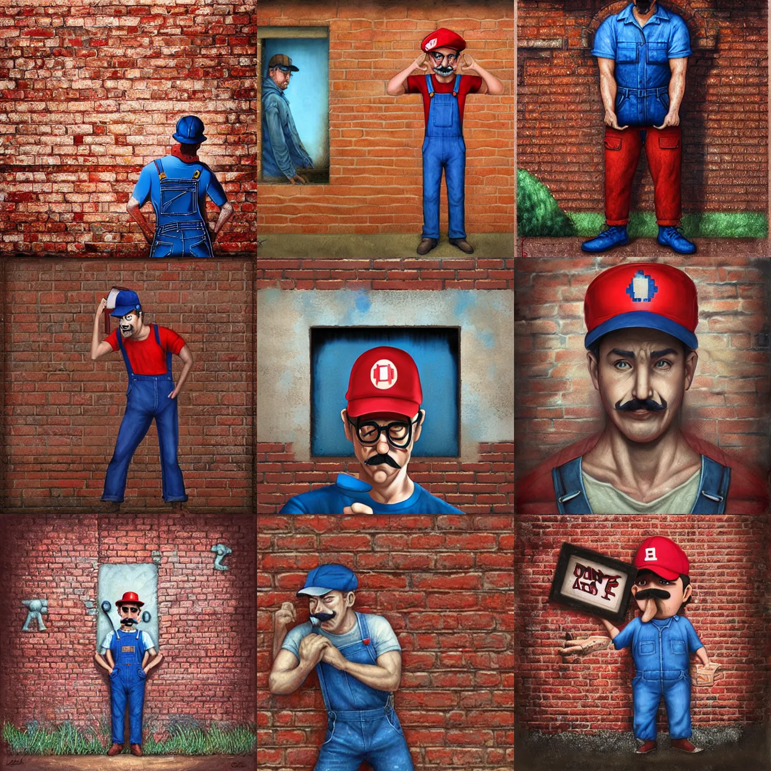 Prompt: an italian man in blue overalls and a red shirt wearing a red baseball cap with a large mustache leaning against a brick wall, panicked, silent hill, by artgerm and tom bagshaw and krenz cushart