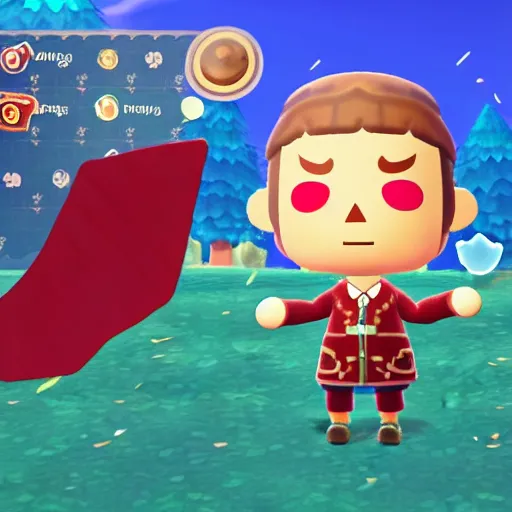 Image similar to A wizard wearing a red hood with glowing blue eyes in Animal Crossing