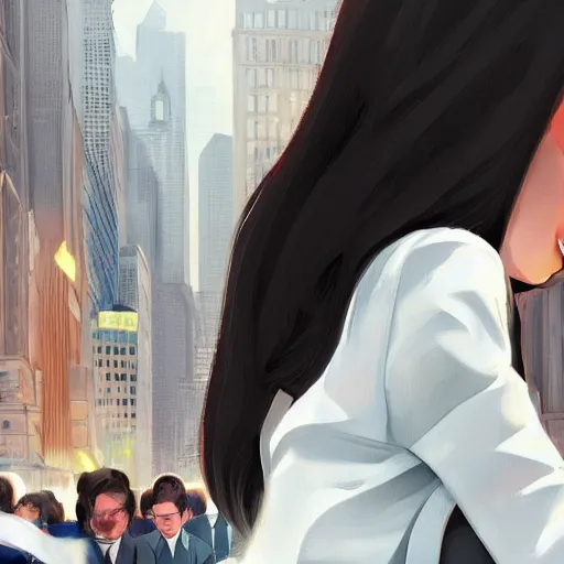 Image similar to cute beautiful girl with angel wings in suit crying in the Wall Street in the middle of the crowd, elegant, 2d, ultra highly detailed, digital painting, smooth, sharp focus, artstation, pixiv, art by Ilya Kuvshinov