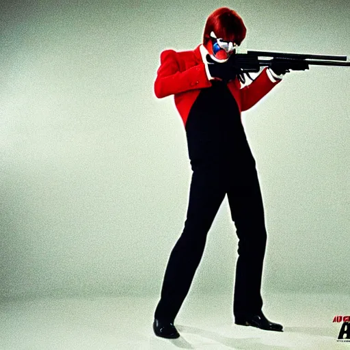 Image similar to austin powers shooting an ak - 4 7, photography, movie,