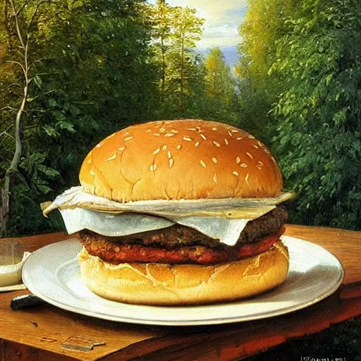 Image similar to Ivan Shishkin painting of a beautiful burger at forest, beautiful lighting, sunny, summer, painting Ivan Shishkin