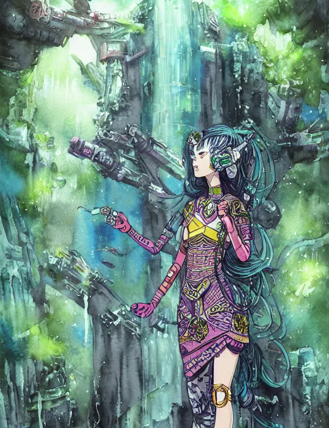 Image similar to aztec scifi princess of the lichen rainforest, wearing a lovely dress with cyberpunk elements. this watercolor painting by the award - winning mangaka has an interesting color scheme, plenty of details and impeccable lighting.