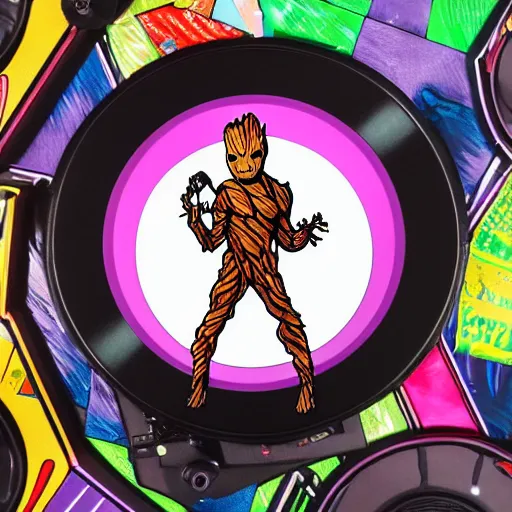 Image similar to svg sticker of a Pop-Wonder Groot-Marvel-Avenger at a rave, spinning records, giant headphones rocking out, wearing headphones, huge speakers, dancing, rave, DJ, spinning records, digital art, amazing composition, rule-of-thirds, award-winning, trending on artstation, featured on deviantart