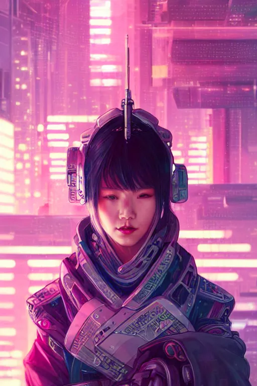 Image similar to portrait futuristic Samurai Girl, in future cyberpunk tokyo rooftop , ssci-fi, fantasy, intricate, very very beautiful, elegant, human anatomy, neon light, highly detailed, digital painting, artstation, concept art, smooth, sharp focus, illustration, art by tian zi and WLOP and alphonse mucha